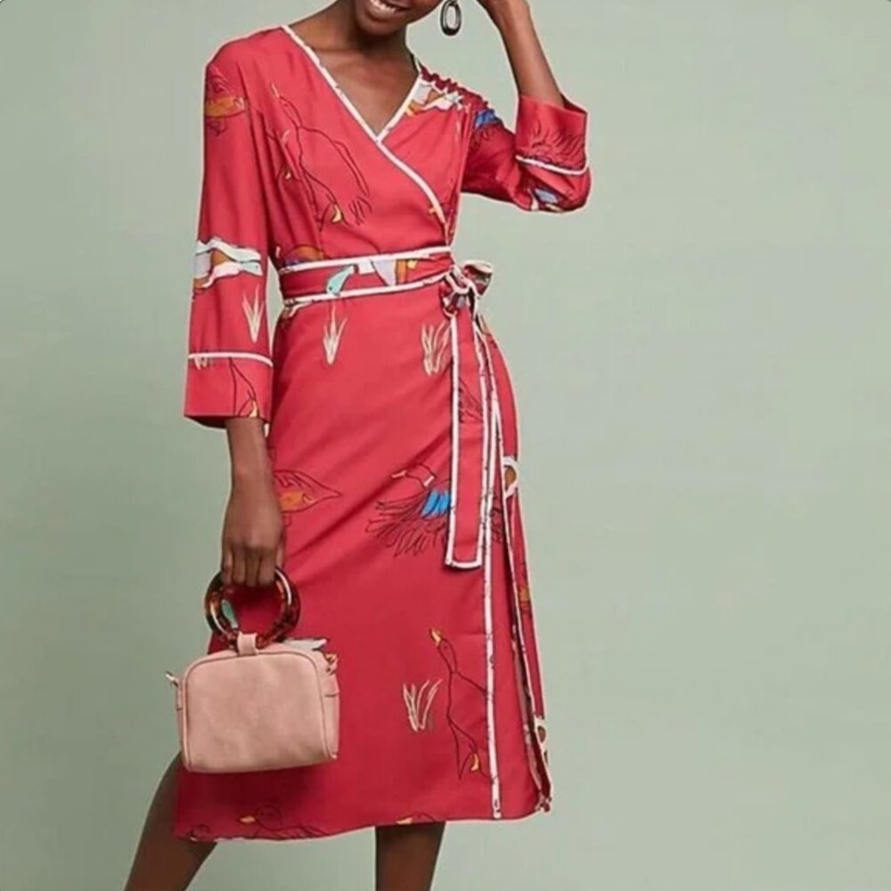 Rachel Antonoff Willard Mallard Duck Wrap Dress - Red - Komono Robe -Size Large